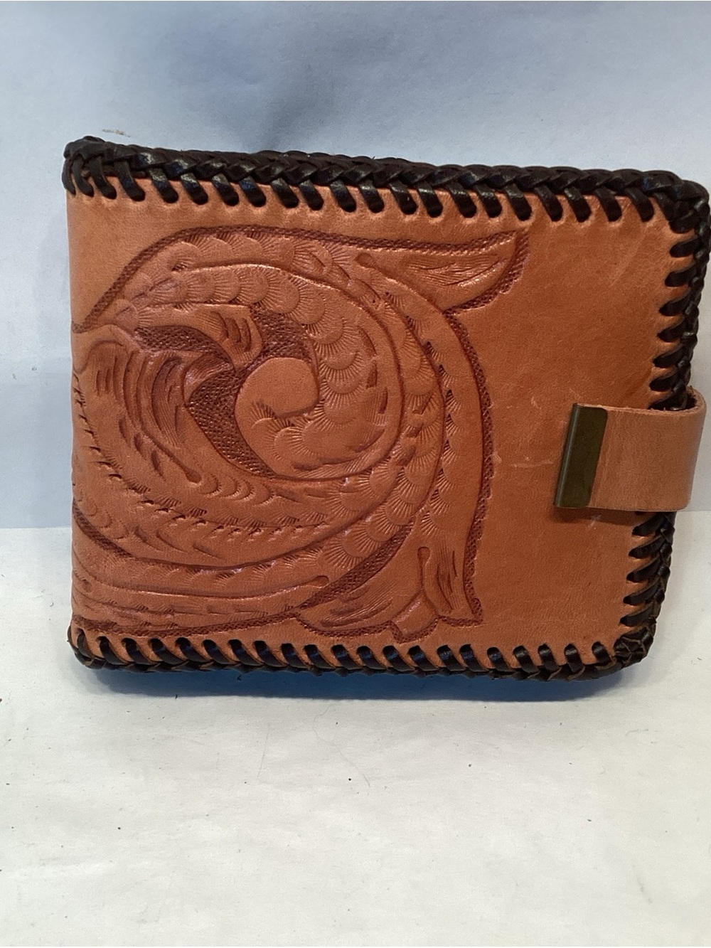 Vintage Hand Tooled Leather Wallet Bill Fold Whip Stitch NEW